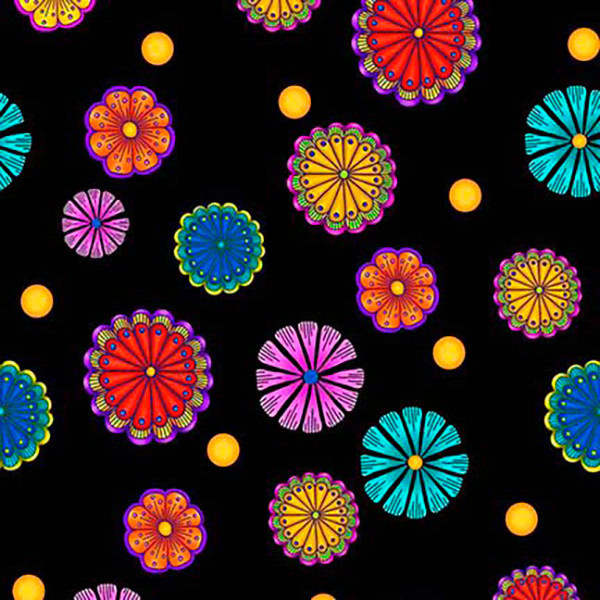 のの Quilting Treasures Fabrics Carnivale Black Small Tossed Flowers